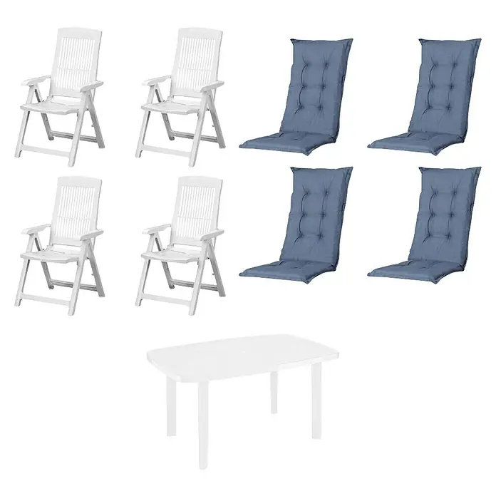 Progarden Gartenmöbel-Set Tampe/Faro - 9 -tlg., Polypropylen, Polyester, Baumwolle, Weiß/Kobaltblau - Weiße Kunststoff-Gartenstühle, blaue Stuhlkissen und ein weißer Kunststofftisch. Gartenmöbel-Set.