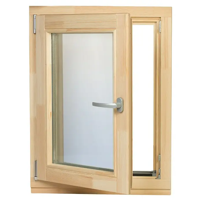 Panto Holzfenster - 60 x 60 cm, Verglasung: 2-fach, DIN Anschlag: Links, Natur - Teilweise geöffnetes helles Holzfenster mit klarem Doppelglas und silbernem Griff.