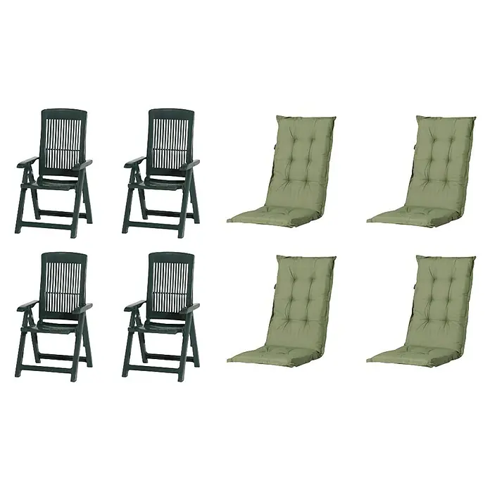 Progarden Gartenstuhl-Set Tampa - 8 Stk., Polypropylen, Polyester, Baumwolle, Grün, B x T x H: 61 x 60 x 109 cm - Dunkelgrüne klappbare Gartenstühle aus Kunststoff und hellgrüne gepolsterte Stuhlkissen.