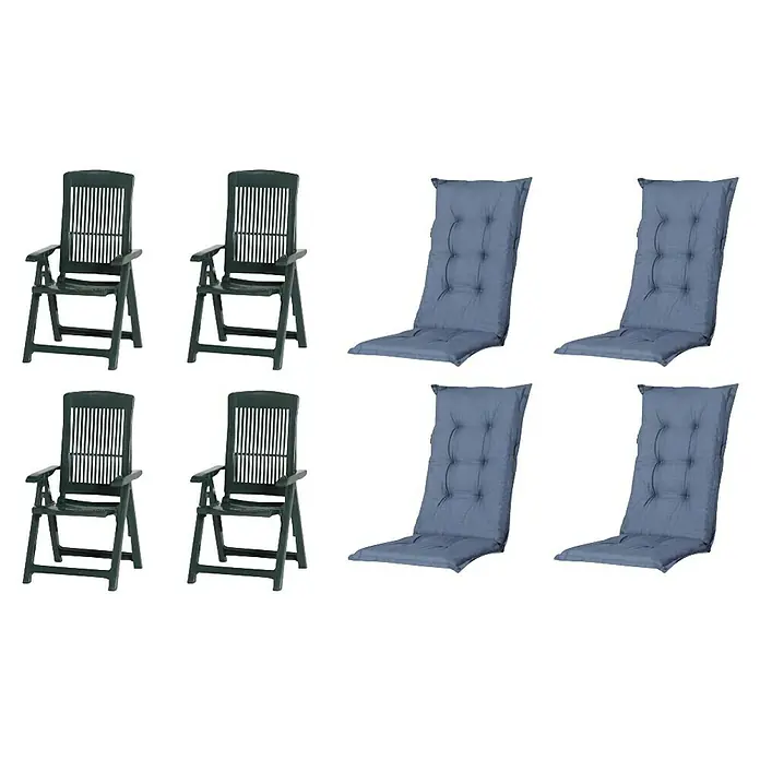 Progarden Gartenstuhl-Set Tampa - 8 Stk., Polypropylen, Polyester, Baumwolle, Grün/Kobaltblau, B x T x H: 61 x 60 x 109 cm - Dunkelgrüne Gartenstühle aus Kunststoff und graue gesteppte Stuhlkissen.