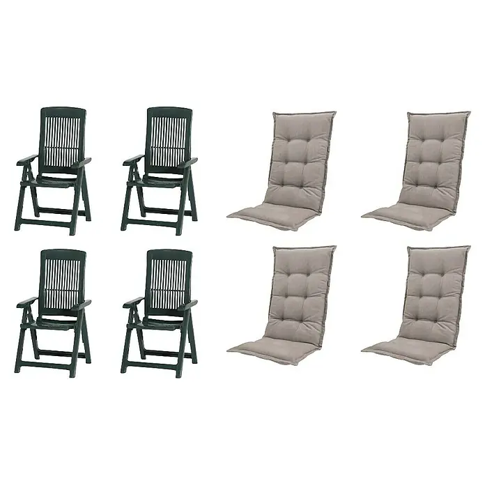 Progarden Gartenstuhl-Set Tampa - 8 Stk., Polypropylen, Polyester, Baumwolle, Grün//Taupe, B x T x H: 61 x 60 x 109 cm - Dunkelgrüne klappbare Gartenstühle aus Kunststoff und graue Polsterauflagen.
