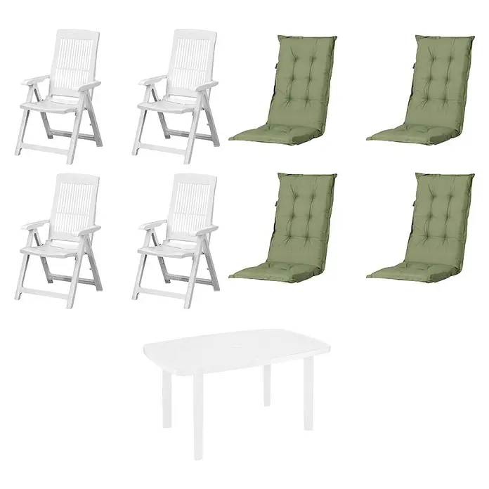Progarden Gartenmöbel-Set Tampe/Faro - 9 -tlg., Polypropylen, Polyester, Baumwolle, Weiß/Grün - Vier weiße Kunststoff-Klappgartenstühle, vier grüne gesteppte Stuhlkissen und ein weißer Kunststoff-Gartentisch.