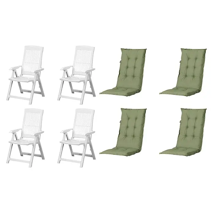 Progarden Gartenstuhl-Set Tampa - 8 Stk., Polypropylen, Polyester, Baumwolle, Weiß/Grün, B x T x H: 61 x 60 x 109 cm - Vier weiße klappbare Gartenstühle aus Kunststoff und vier grüne Sitzauflagen.