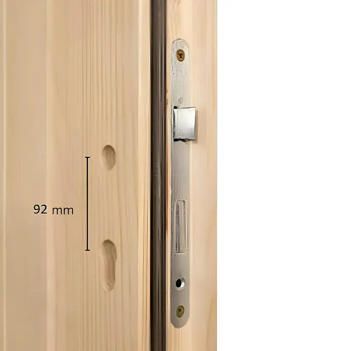 Panto Nebeneingangstür NET 502 - 98 x 198 cm, DIN Anschlag: Rechts - Hölzerner Türrahmen mit 92 mm Messung zwischen zwei Löchern, neben einem silbernen Einsteckschloss-Mechanismus.