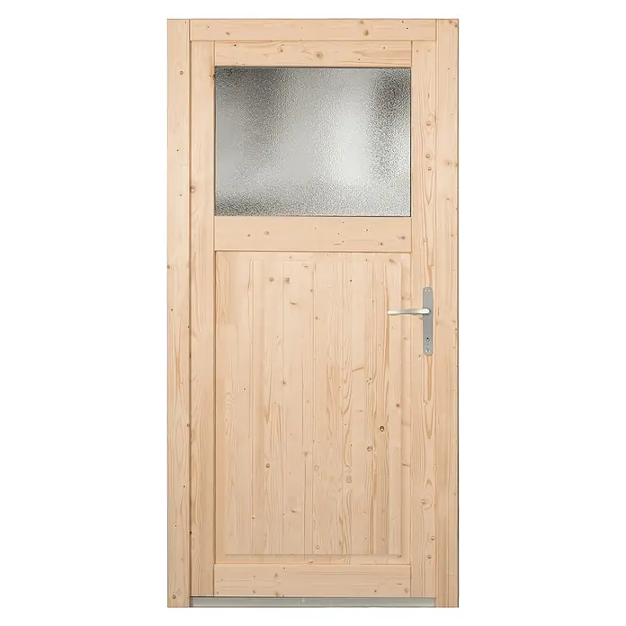 Panto Nebeneingangstür NET 504 - 88 x 198 cm, DIN Anschlag: Rechts - Naturholz-Kieferntür mit mattierter Glasscheibe im oberen Bereich und einem silberfarbenen Griff.