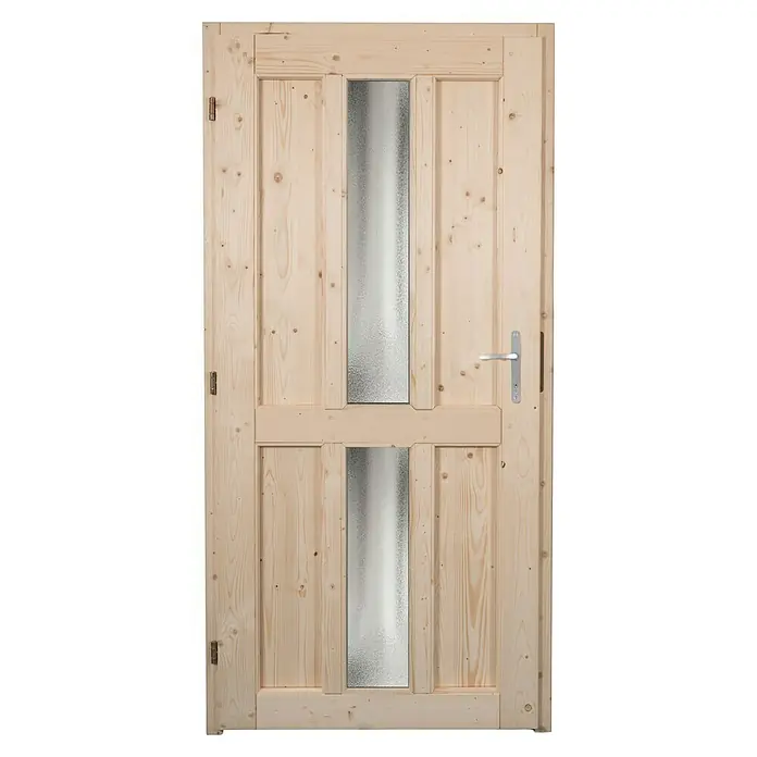 Panto Nebeneingangstür NET 506 - 98 x 198 cm, DIN Anschlag: Links - Natürliche helle Holztür mit zwei satinierten Glasscheiben, einem silbernen Griff und Scharnieren.