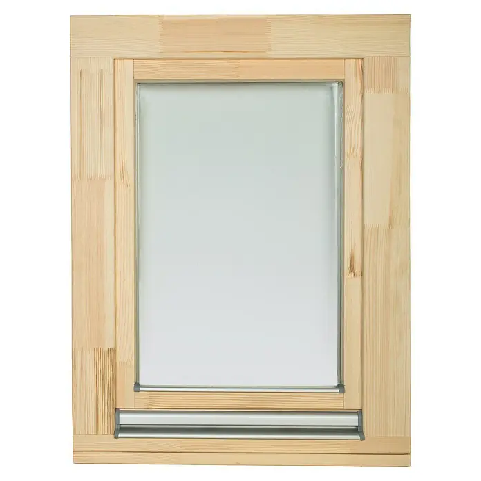 Panto Holzfenster - 80 x 100 cm, Verglasung: 2-fach, DIN Anschlag: Rechts, Natur - Helles Kiefernholz-Dachfensterrahmen mit Fingerzinken, Klarglasscheibe und integriertem Aluminium-Lüftungsriegel unten.