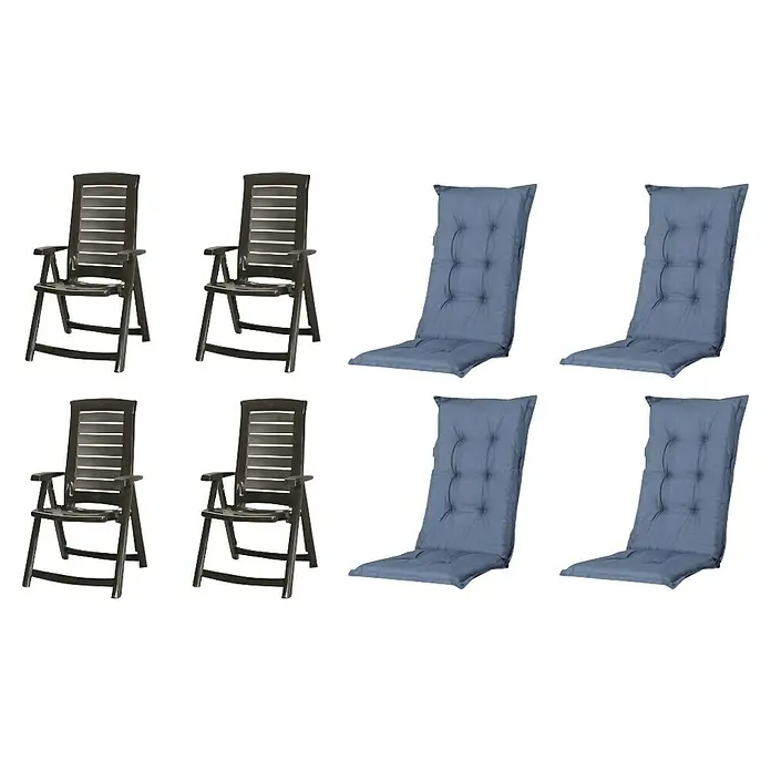 Progarden Gartenstuhl-Set Aruba - 8 Stk., Polypropylen, Polyester, Baumwolle, Kobaltblau, B x T x H: 61 x 60 x 109 cm - Dunkelgraue Klapp-Gartenstühle und blaue gesteppte Outdoor-Sitzkissen.