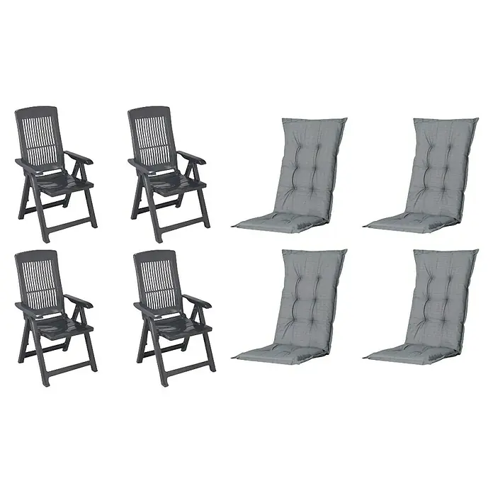 Progarden Gartenstuhl-Set Tampa - 8 Stk., Polypropylen, Polyester, Baumwolle, Anthrazit/Grau, B x T x H: 61 x 60 x 109 cm - Vier graue klappbare Gartenstühle aus Kunststoff und vier passende graue Sitzkissen.