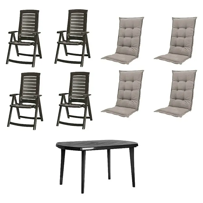 Progarden Gartenmöbel-Set Aruba/Elise - 9 -tlg., Polypropylen, Polyester, Baumwolle, Taupe - Set aus dunkelgrauen Gartenstühlen, hellgrauen Auflagen und einem ovalen Gartentisch aus Kunststoff.