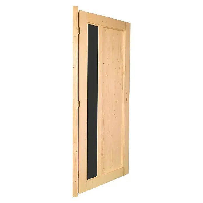 Panto Nebeneingangstür NET 510 - 98 x 198 cm, DIN Anschlag: Links - Helle Holztür mit dunklem vertikalem Paneel, teilweise geöffnet, Scharniere sichtbar.