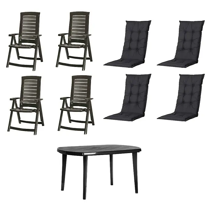 Progarden Gartenmöbel-Set Aruba/Elise - 9 -tlg., Polypropylen, Polyester, Baumwolle, Schwarz - Vier dunkelbraune Kunststoff-Gartenstühle, vier dunkelgraue Kissen und ein dunkelbrauner ovaler Kunststoff-Gartentisch.