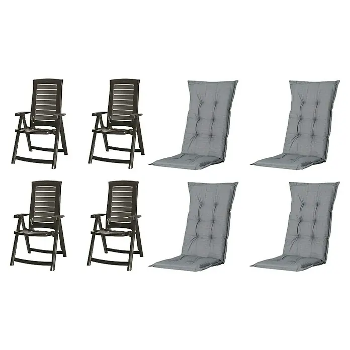 Progarden Gartenstuhl-Set Aruba - 8 Stk., Polypropylen, Polyester, Baumwolle, Grau, B x T x H: 61 x 60 x 109 cm - Zwei dunkelbraune Gartenstühle aus Kunststoff und vier graue, gesteppte Hochlehner-Sitzauflagen.