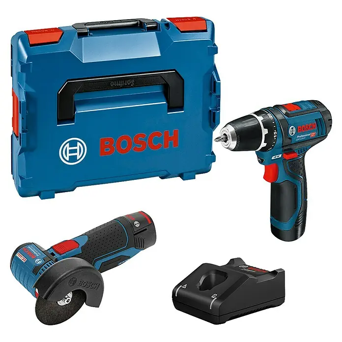 Bosch Professional Maschinen-Set GSR 12V-15 + GWS 12V-76 - 5 -tlg. - Ein blaues Bosch Werkzeugset mit Transportkoffer, Akkubohrschrauber, Winkelschleifer und Ladegerät.