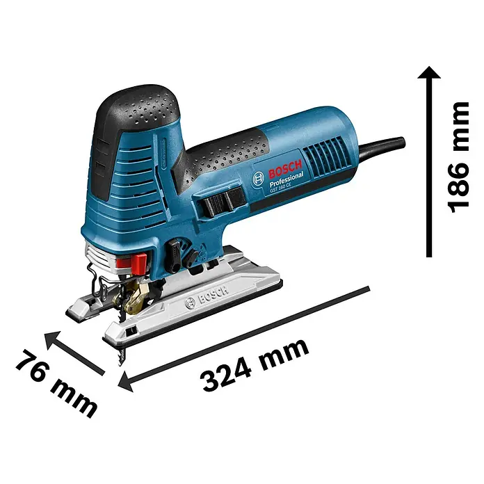 Bosch Professional Elektro-Stichsäge GST 160 CE - 800 W, 800 /min - 3.000 /min - Blaue Bosch Professional Stichsäge mit schwarzen und silbernen Akzenten, zeigt Höhe (186 mm), Länge (324 mm) und Breite (76 mm).