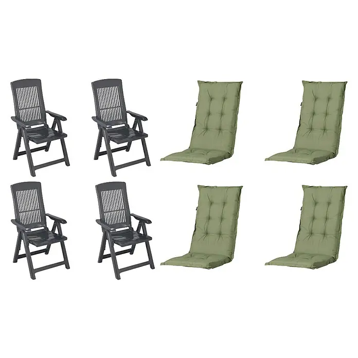 Progarden Gartenstuhl-Set Tampa - 8 Stk., Polypropylen, Polyester, Baumwolle, Anthrazit/Grün, B x T x H: 61 x 60 x 109 cm - Vier dunkelgraue Kunststoff-Klappgartenstühle und vier hellgrüne gesteppte Stuhlkissen.