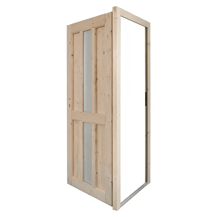 Panto Nebeneingangstür NET 506 - 98 x 198 cm, DIN Anschlag: Rechts - Offene helle Holz-Innentür mit Rahmen und transparenten Glasscheiben.