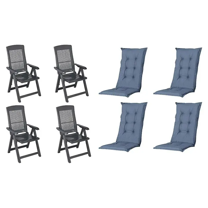 Progarden Gartenstuhl-Set Tampa - 8 Stk., Polypropylen, Polyester, Baumwolle, Anthrazit/Kobaltblau, B x T x H: 61 x 60 x 109 cm - Vier dunkelgraue Gartenstühle aus Kunststoff und vier blaue Stuhlkissen für den Außenbereich.