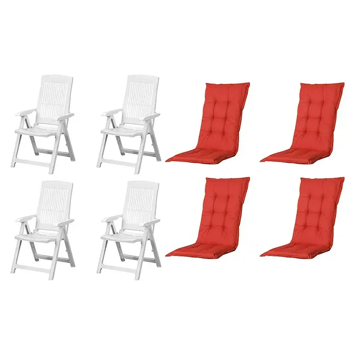 Progarden Gartenstuhl-Set Tampa - 8 Stk., Polypropylen, Polyester, Baumwolle, Weiß/Rot, B x T x H: 61 x 60 x 109 cm - Vier weiße Gartenstühle aus Kunststoff und vier passende rote Stuhlkissen.