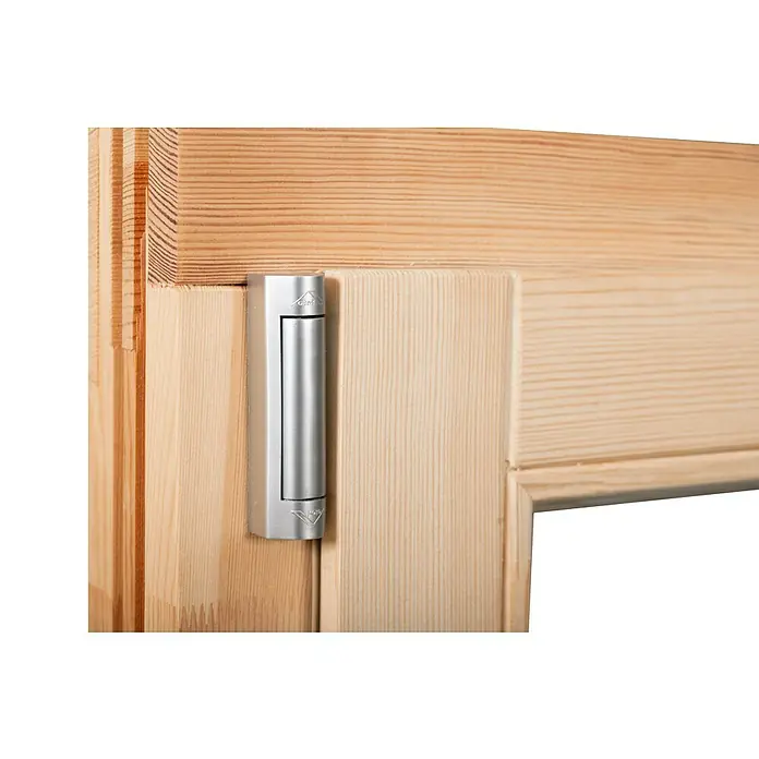Panto Holzfenster - 60 x 60 cm, Verglasung: 2-fach, DIN Anschlag: Links, Natur - Silbernes Scharnier an einem hellen Holzrahmen, Detailansicht von Beschlag und Holzmaserung.