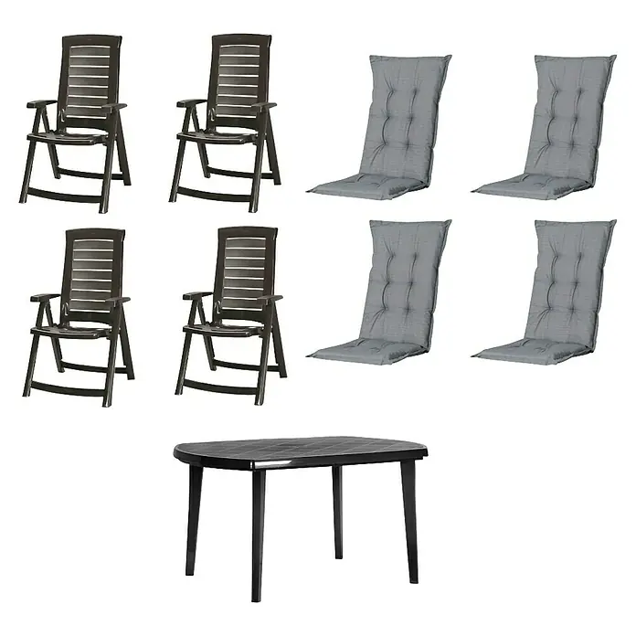 Progarden Gartenmöbel-Set Aruba/Elise - 9 -tlg., Polypropylen, Polyester, Baumwolle, Grau - Dunkelgraue Kunststoff-Gartenstühle mit passenden grauen Polstern und ein ovaler Gartentisch.