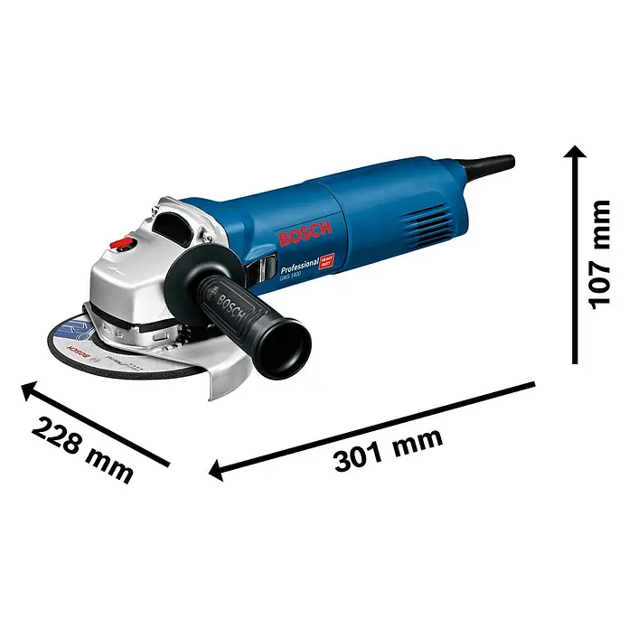 Bosch Professional Elektro-Winkelschleifer GWS 1400 - Durchmesser Scheibe: 125 mm, Leerlaufdrehzahl: 11.800 U/min - Blauer und silberner Bosch GWS 1400 Professional Winkelschleifer mit schwarzem Zusatzgriff und montierter Trennscheibe.