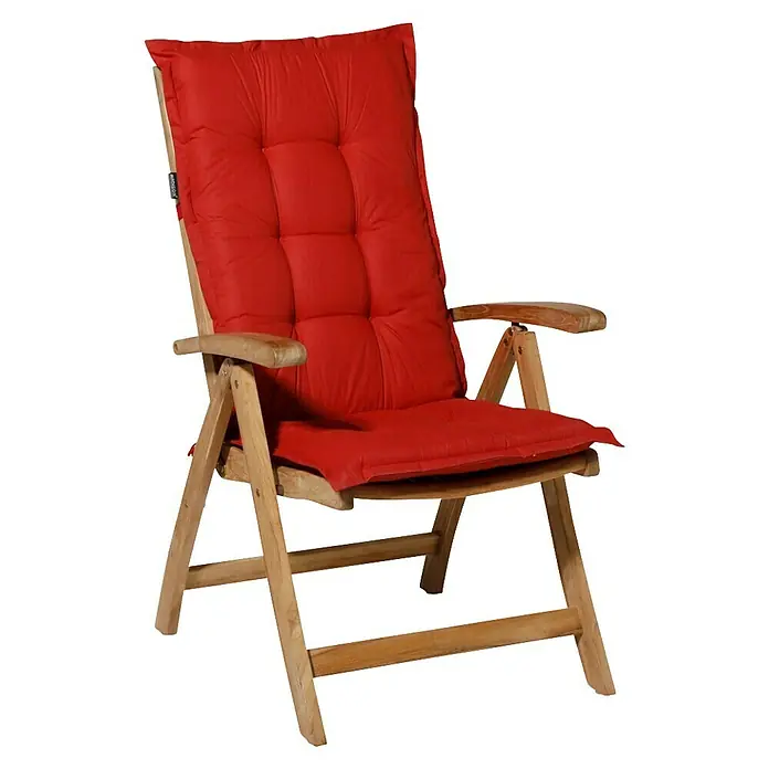 Madison Gartenmöbel-Auflage - Hochlehner, 4 Stk., L x B x H: 123 x 50 x 6 cm, Baumwolle, Polyester, Rot - Gartenstuhl aus Holz mit leuchtend rotem Kissen.