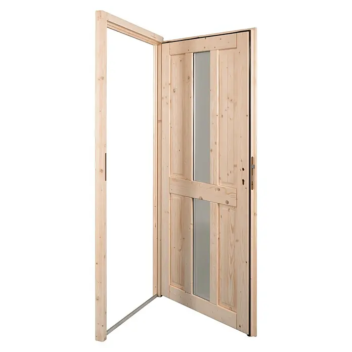 Panto Nebeneingangstür NET 506 - 98 x 198 cm, DIN Anschlag: Rechts - Offene Tür aus Naturholz mit Glaspaneelen und Holzrahmen.