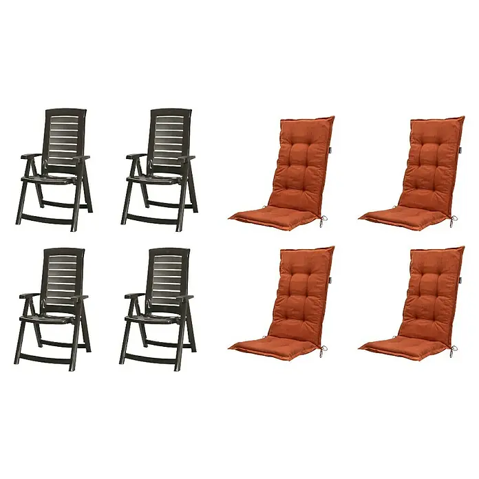 Progarden Gartenstuhl-Set Aruba - 8 Stk., Polypropylen, Polyester, Baumwolle, Terra, B x T x H: 61 x 60 x 109 cm - Dunkelgraue Kunststoff-Gartenstühle mit orangebraunen Polsterauflagen.