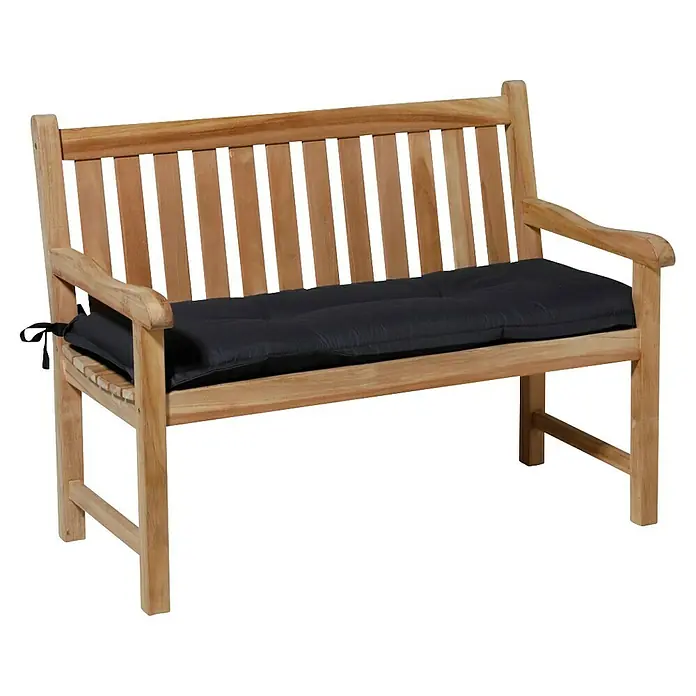 Madison Bankauflage - Schwarz, L x B: 120 x 48 cm - Teak-Gartenbank mit Lamellenrückenlehne und Sitzfläche, mit dunkelgrauem Polster.