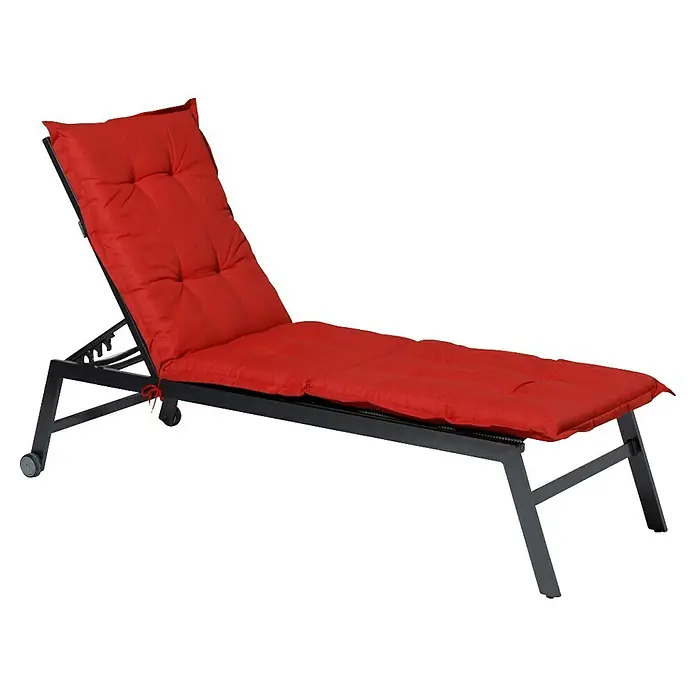 Madison Gartenmöbel-Auflage - Liegenauflage, L x B x H: 200 x 60 x 6 cm, Baumwolle, Polyester, Rot - Rot gepolsterte Liege mit dunkelgrauem Metallrahmen und Rollen.