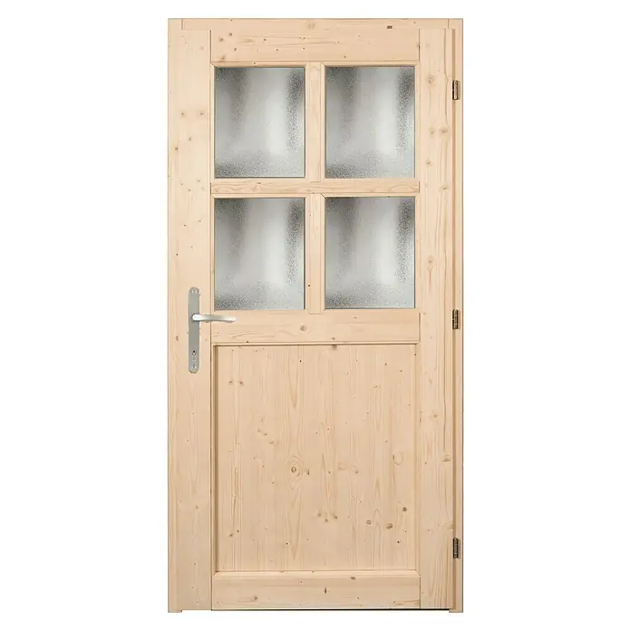 Panto Nebeneingangstür NET 502 - 98 x 198 cm, DIN Anschlag: Rechts - Helle Holztür aus Naturholz mit vier Milchglasfeldern und silbernem Griff.