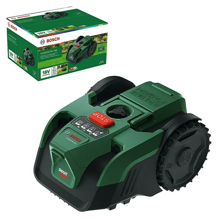 Bosch Power for All 18V Mähroboter VISIMOW 18V-100 - 100 m², Schnittbreite: 16 cm, Kamera-gestützte Navigation, Ultraschallsensorik, Ohne Akku - Grüner und schwarzer Bosch Mähroboter mit rotem Stopp-Knopf, zusammen mit der Produktverpackung.