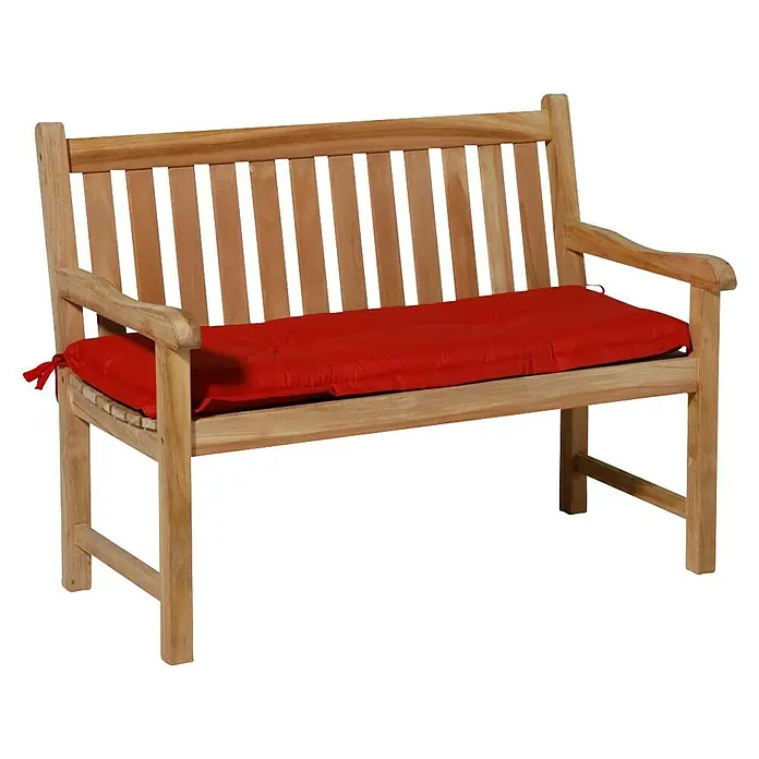 Madison Bankauflage - Rot, L x B: 150 x 48 cm - Helle Holzgartenbank mit Lattenrückenlehne und Sitzfläche, mit einem leuchtend roten Polsterkissen.