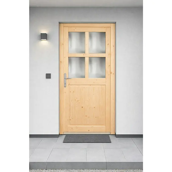 Panto Nebeneingangstür NET 502 - 98 x 198 cm, DIN Anschlag: Links - Haustür aus Naturholz mit Milchglasfeldern, Chromgriff und dunkelgrauer Fußmatte.