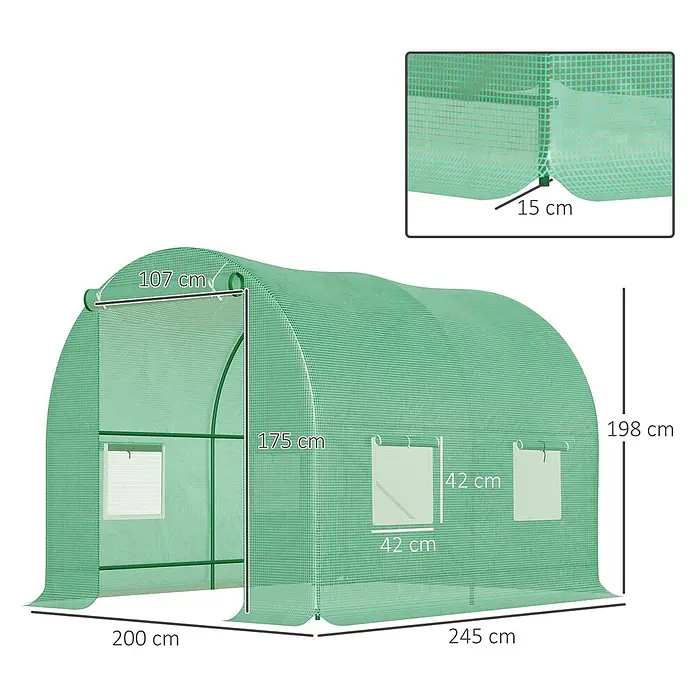 Outsunny Gewächshaus mit 4 Fenster - Außenmaß inkl. Dachüberstand (B x T): 200 x 245 cm, Material Seitenwand: Kunststoff, 3 mm, Grün