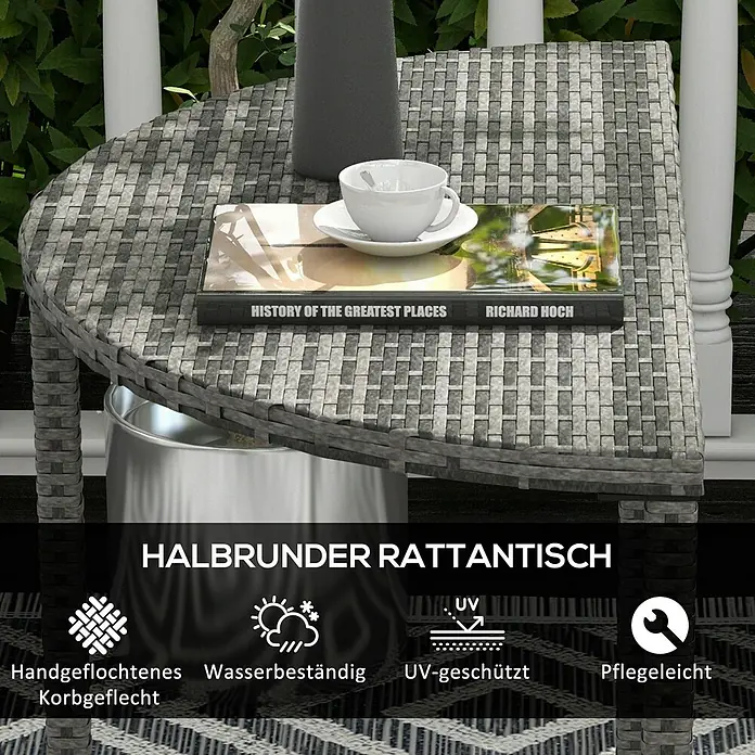 Outsunny Balkontisch halbrund - L x B x H: 100 x 50 x 74 cm, Polyrattan, Metall, Sonstige, Grau