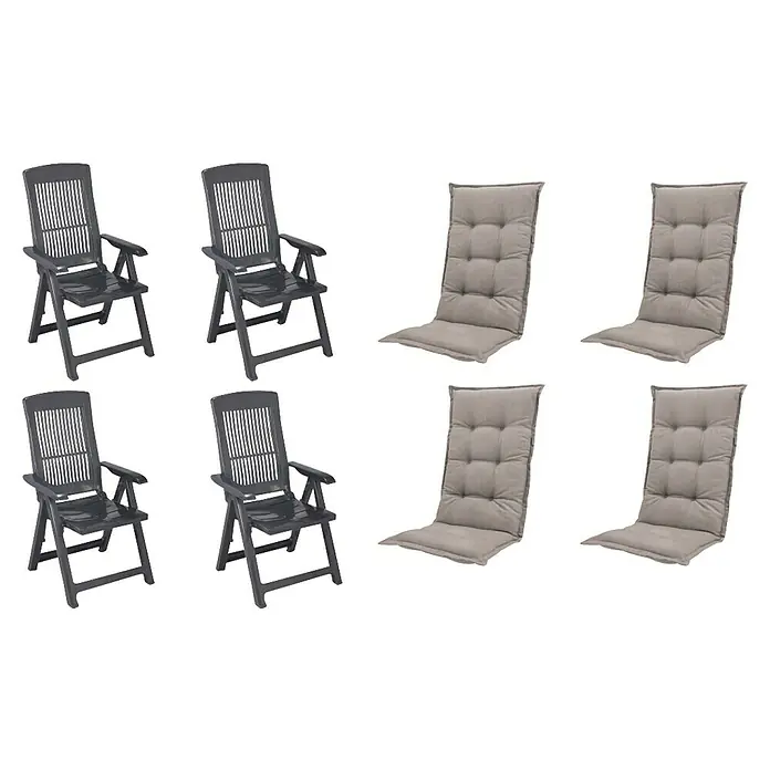 Progarden Gartenstuhl-Set Tampa - 8 Stk., Polypropylen, Polyester, Baumwolle, Anthrazit/Taupe, B x T x H: 61 x 60 x 109 cm - Vier dunkelgraue Klappstühle aus Kunststoff und vier hellgraue, gesteppte Sitzkissen.