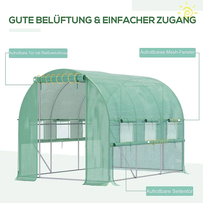 Outsunny Gewächshaus mit Reißverschluss & aufrollbare Fenster - 200 x 295 cm, Material Seitenwand: Kunststoff, 3 mm