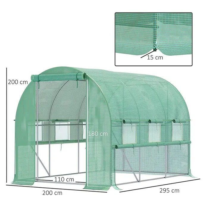 Outsunny Gewächshaus mit Reißverschluss & aufrollbare Fenster - 200 x 295 cm, Material Seitenwand: Kunststoff, 3 mm
