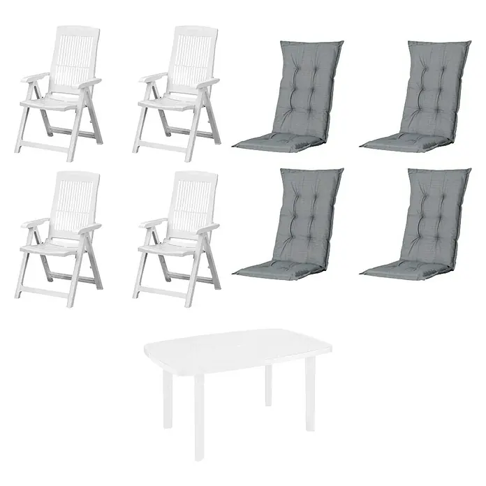 Progarden Gartenmöbel-Set Tampe/Faro - 9 -tlg., Polypropylen, Polyester, Baumwolle, Weiß/Grau - Set aus weißen Kunststoff-Gartenmöbeln: vier Stühle, ein Tisch und vier graue Stuhlkissen.