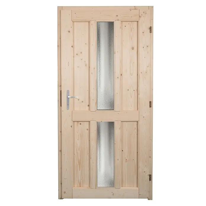 Panto Nebeneingangstür NET 506 - 98 x 198 cm, DIN Anschlag: Rechts - Helle Holztür mit zwei mattierten Glasscheiben, silbernem Griff und Messingscharnieren.