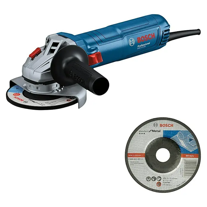 Bosch Professional Elektro-Winkelschleifer GWS 12-125 - Durchmesser Scheibe: 125 mm, Leerlaufdrehzahl: 11.000 U/min - Blau-silberner Bosch Winkelschleifer mit schwarzem Griff und eine graue Bosch Metalltrennscheibe.