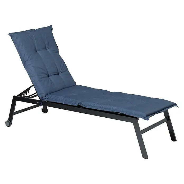 Madison Gartenmöbel-Auflage - Liegenauflage, L x B x H: 200 x 60 x 6 cm, Baumwolle, Polyester, Kobaltblau - Blauer gepolsterter Liegestuhl mit dunkelgrauem Metallgestell und Rollen.