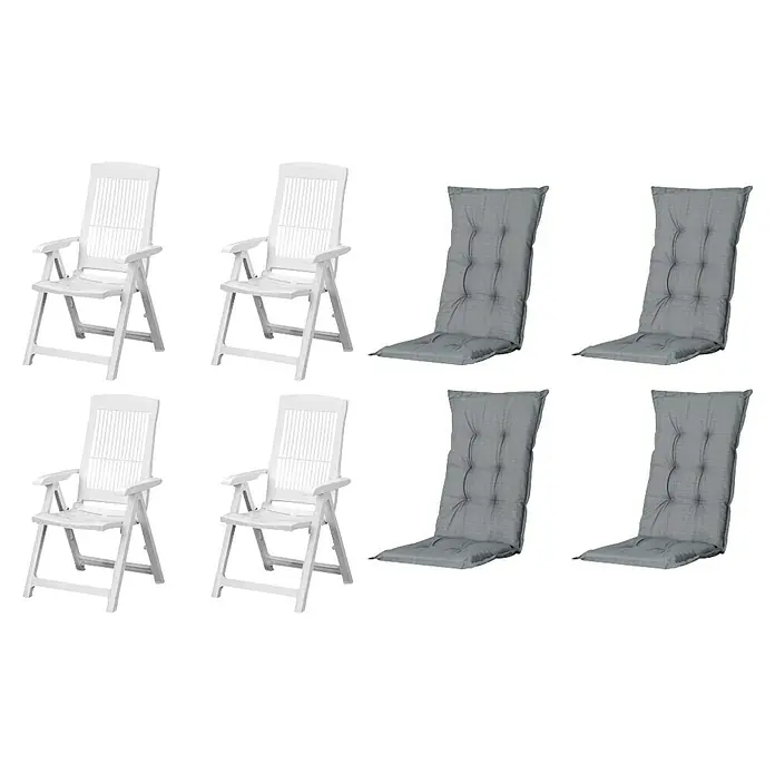 Progarden Gartenstuhl-Set Tampa - 8 Stk., Polypropylen, Polyester, Baumwolle, Weiß/Grau, B x T x H: 61 x 60 x 109 cm - Weiße Klappgartenstühle und graue gepolsterte Auflagen für den Außenbereich.