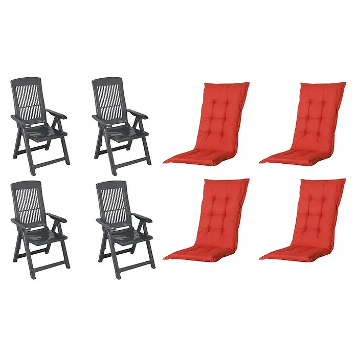 Progarden Gartenstuhl-Set Tampa - 8 Stk., Polypropylen, Polyester, Baumwolle, Anthrazit/Rot, B x T x H: 61 x 60 x 109 cm - Zwei graue Kunststoff-Klappstühle und vier rote Outdoor-Sitzkissen.