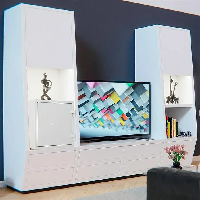 Rottner Feuerschutztresor Fire Safe - 45 x 44 x 46 cm, Doppelbart-Hochsicherheitsschloss - Eine moderne weiße Wohnwand mit TV-Schrank, Regalen und Stauraum für ein stilvolles Wohnzimmerambiente.