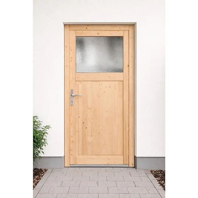 Panto Nebeneingangstür NET 501 - 98 x 198 cm, DIN Anschlag: Links - Außentür aus hellem Holz mit Milchglasfenster und silbernem Griff, führt auf einen gepflasterten Weg.