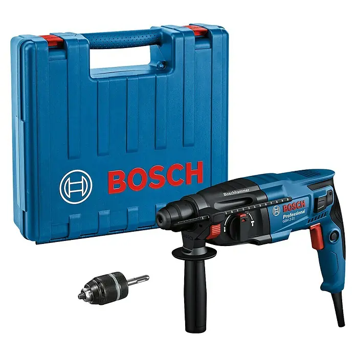 Bosch Professional Bohrhammer GBH 2-21 - 720 W, 2 J, SDS-Plus-Aufnahme - Blauer Bosch Professional Bohrhammer mit passendem Tragekoffer und Bohrfutter.