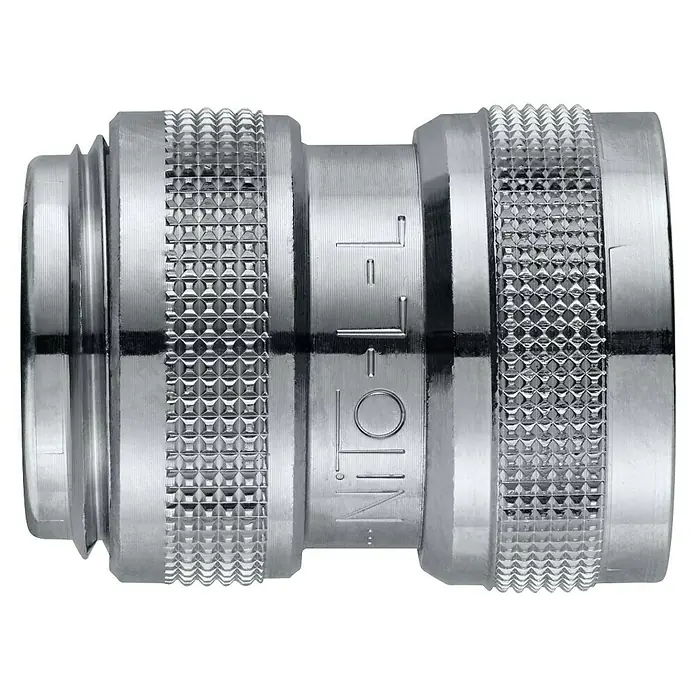 Kupplung - Gewinde: 1/2" x 3/4" - Silberfarbener Metall-Schnellverbinder mit Rändelringen und zylindrischem Design, mit 'NIT'-Prägung.